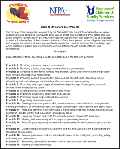 Code of Ethics for Foster Parents | Louisiana Department of Children ...