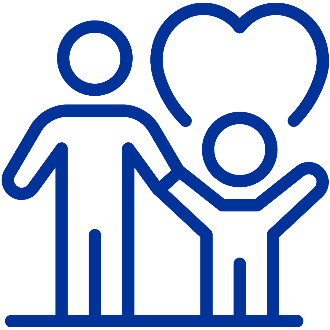 Child support icon with adult and child figures holding a heart symbol.