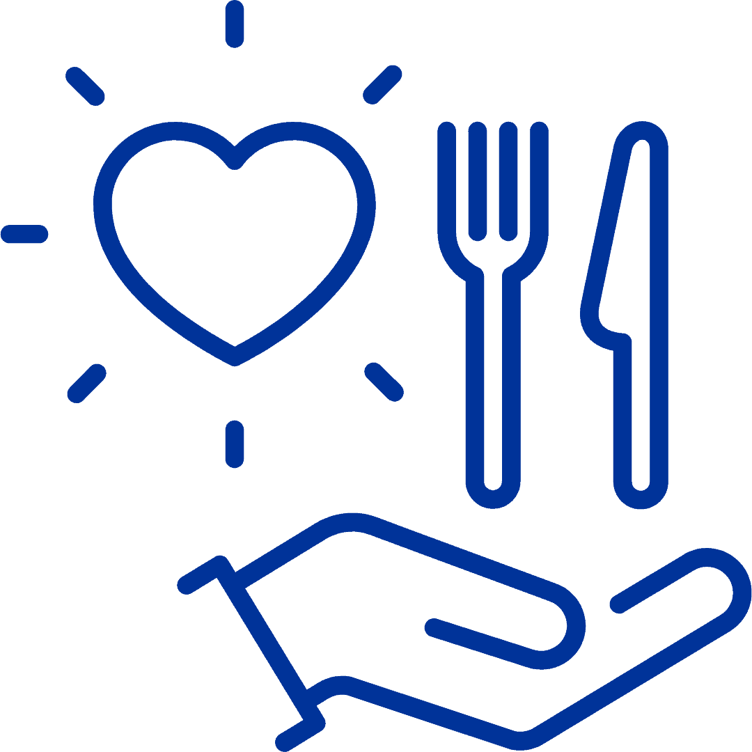 illustration of heard, fork, knife and hand with open palm