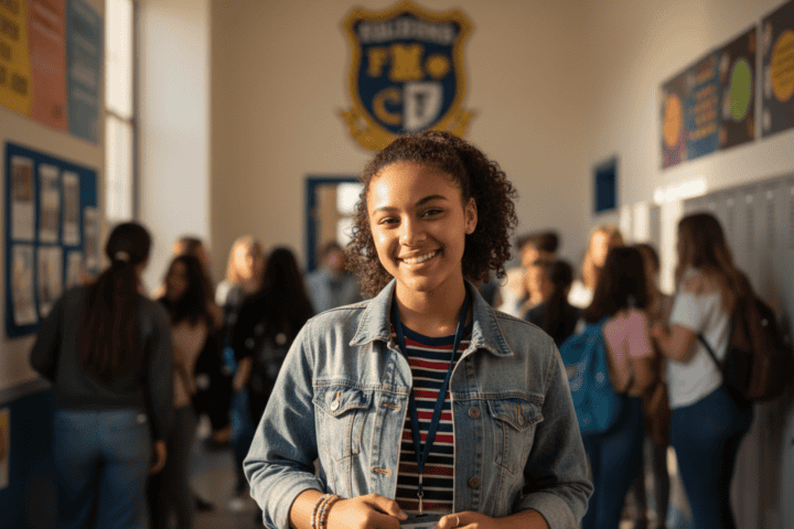 Teen standing confidently in a school hallway