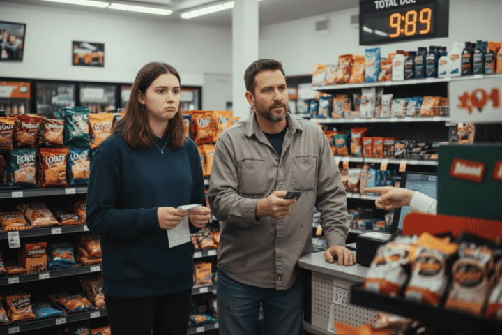Man and juvenile in gas station